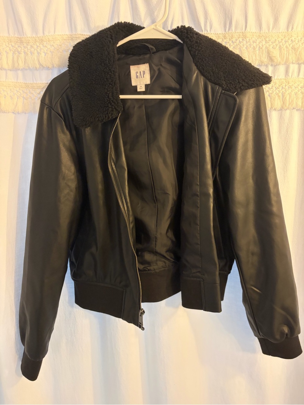 GAP Black Faux Leather Bomber Jacket with Sherpa Collar